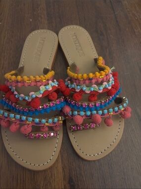 Mystique Boutique Multicolor Pom Pom Beaded Tan Slide Sandals